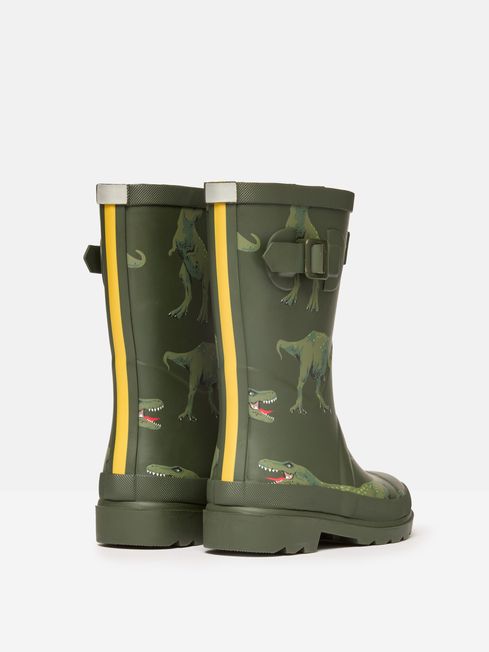 Joules JNR WELLY PRINT Boys Wellies Green Dino side view showing dino print and yellow stripe on the back.
