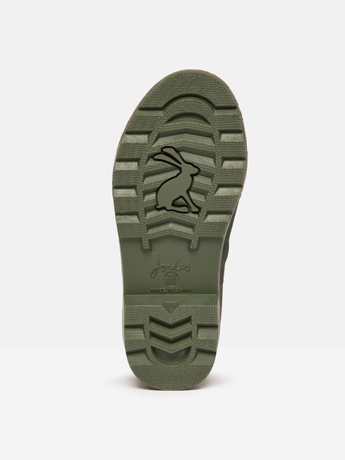Joules JNR WELLY PRINT Boys Wellies Green Dino sole view, showcasing the rubber sole with bunny logo and grip detail.