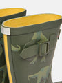 Joules JNR WELLY PRINT Boys Wellies Green Dino detail view showcasing rubber upper and buckle.