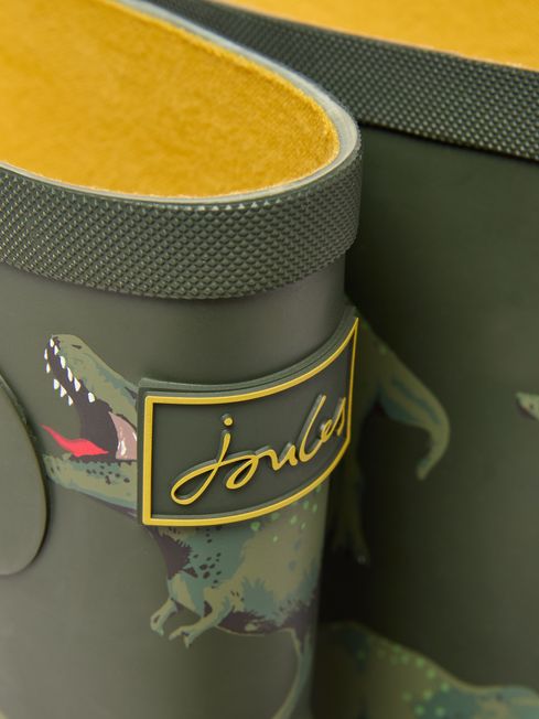 Joules JNR WELLY PRINT Boys Wellies Green Dino detail view of rubber boot with dinosaur design and iconic logo