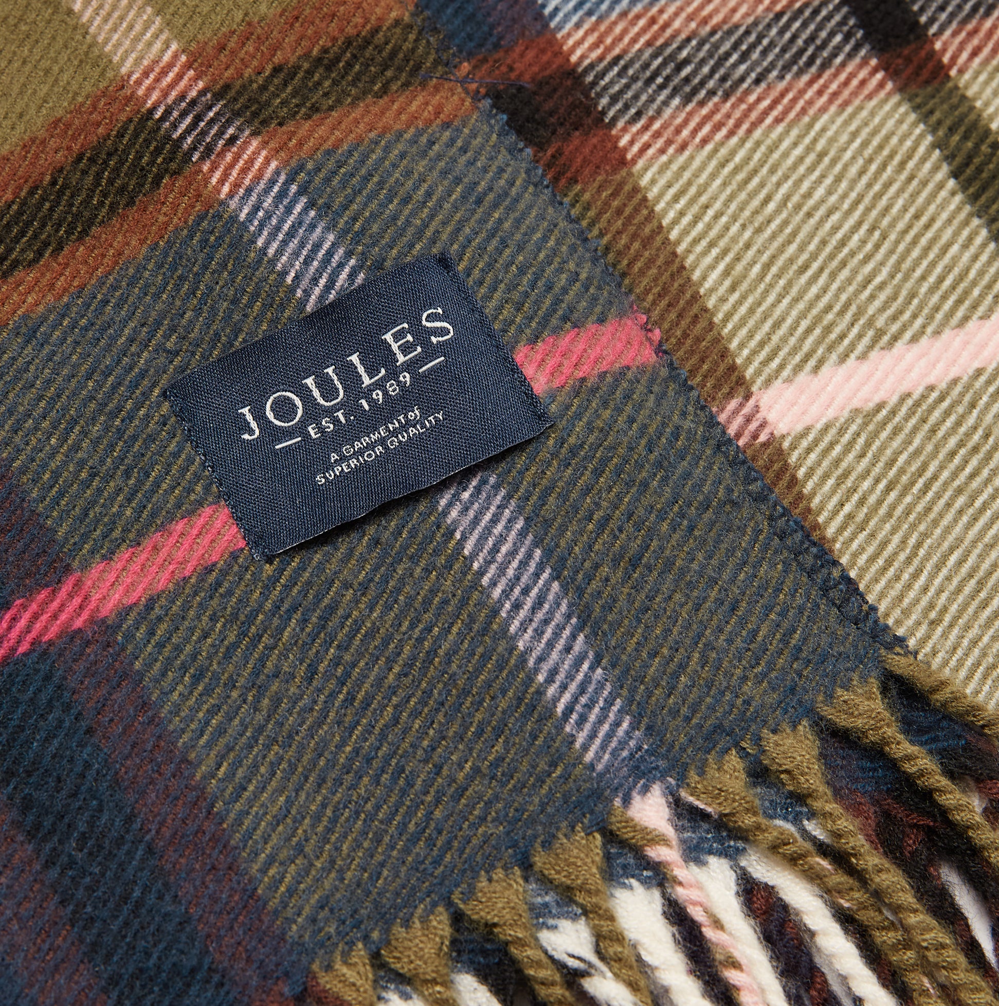 Joules LANGTREE Womens Scarf Green Pink Check detail view showcasing branded tab and checked pattern.