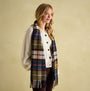 Joules LANGTREE Womens Scarf Green Pink Check draped side view model displaying comfort and style.