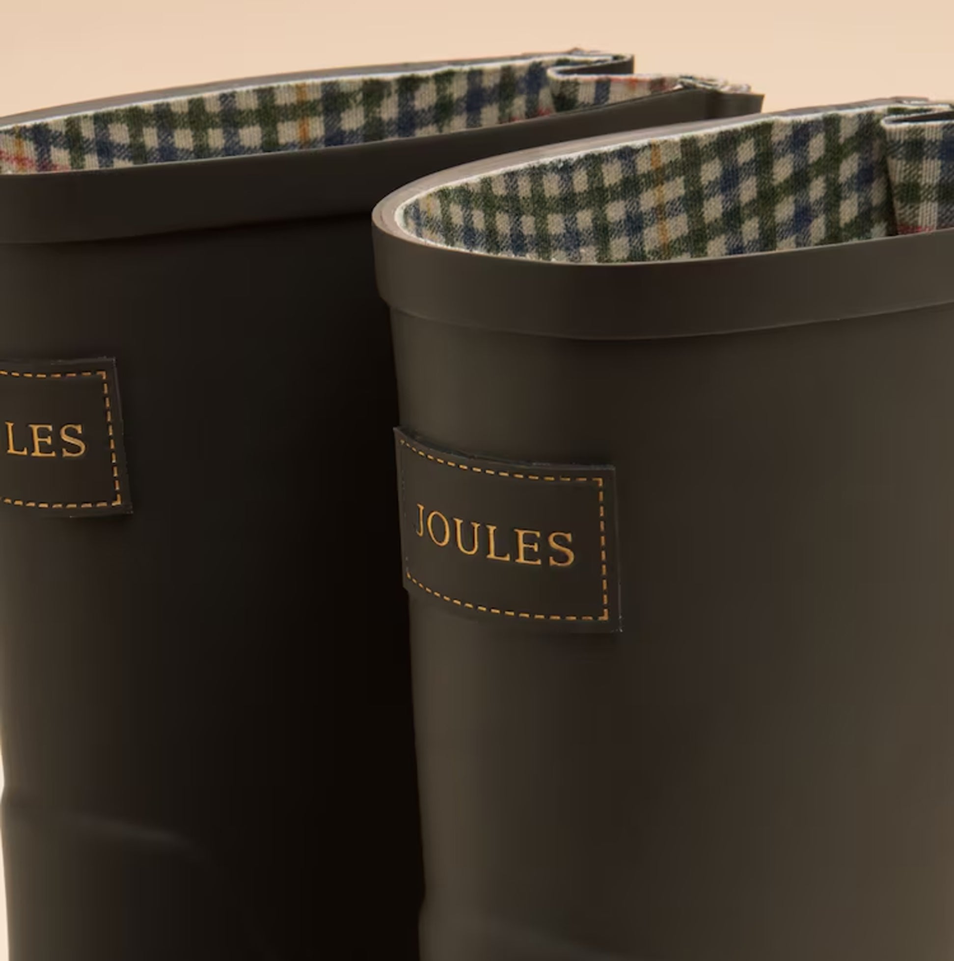 Joules WISTOW Womens Wellies Chocolate Brown detail view showcasing the inner lining and branding on the rubber boot.
