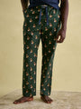 Joules DOZER Pyjama Bottoms Fenton Fox side view showcasing relaxed fit and cotton material in green with fox pattern.