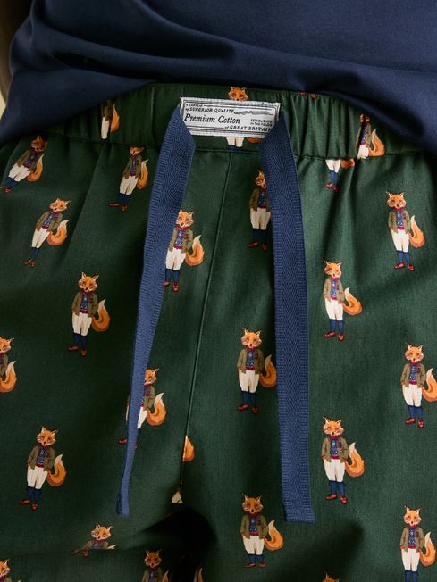 Joules DOZER Pyjama Bottoms Fenton Fox detail view showcasing cotton fabric and elasticated waist with fox pattern.
