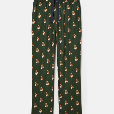 Joules DOZER Pyjama Bottoms Fenton Fox front view showing green fabric with fox patterns and elasticated waist
