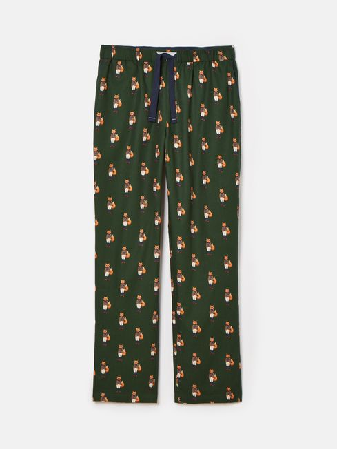 Joules DOZER Pyjama Bottoms Fenton Fox front view showing green fabric with fox patterns and elasticated waist