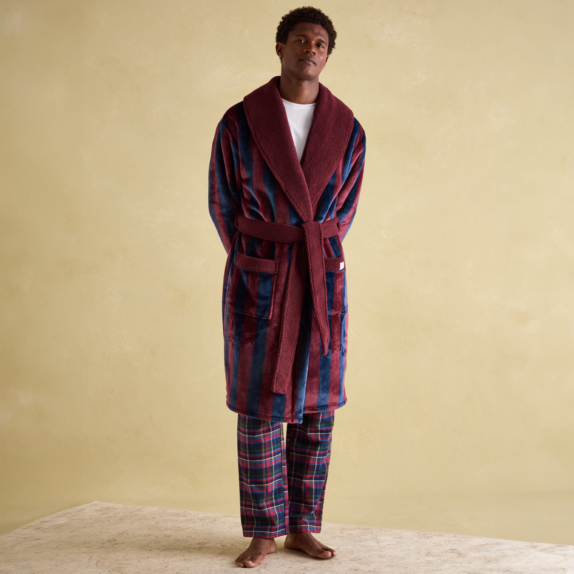 Joules MONTAGUE Mens Night Gown Navy Port Stripe front view showcasing comfort and warm lining design.