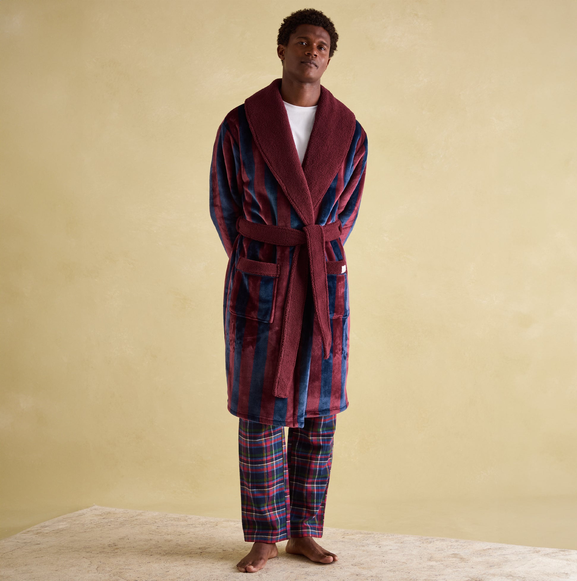 Joules MONTAGUE Mens Night Gown Navy Port Stripe front view showcasing comfort and warm lining design.