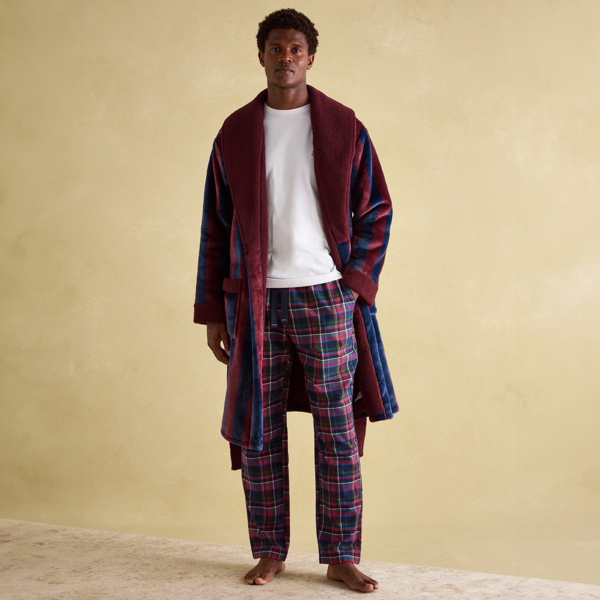 Joules MONTAGUE Mens Night Gown Navy Port Stripe front view, featuring long sleeves and warm lining.