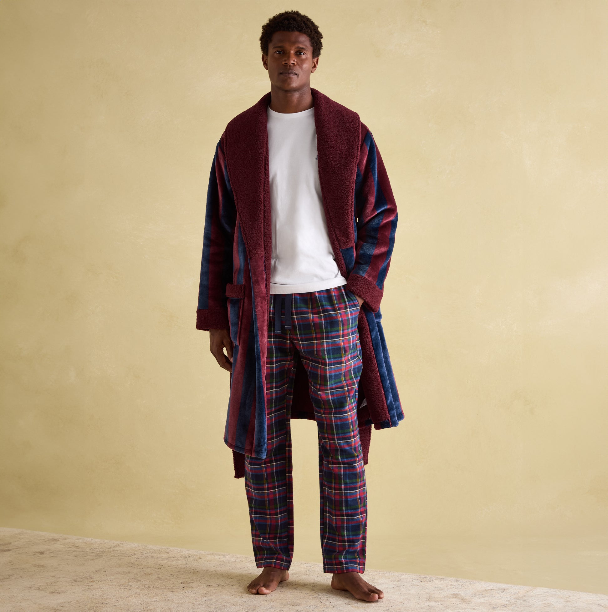 Joules MONTAGUE Mens Night Gown Navy Port Stripe front view, featuring long sleeves and warm lining.