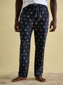 Joules DOZER Pyjama Bottoms Game Birds front view, featuring a navy background with colorful game bird prints.