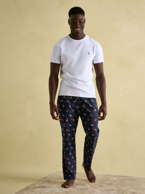 Joules DOZER Pyjama Bottoms Game Birds front view worn by model, featuring relaxed fit and side pockets.