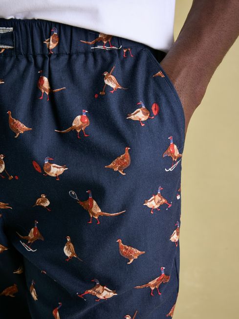 Joules DOZER Pyjama Bottoms Game Birds side view showing vibrant game bird print and elasticated waist.