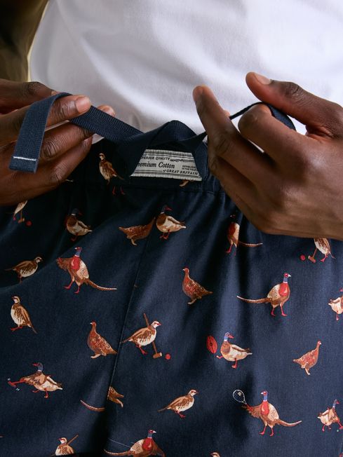 Joules DOZER Pyjama Bottoms Game Birds detail view of elasticated waist and game bird print.