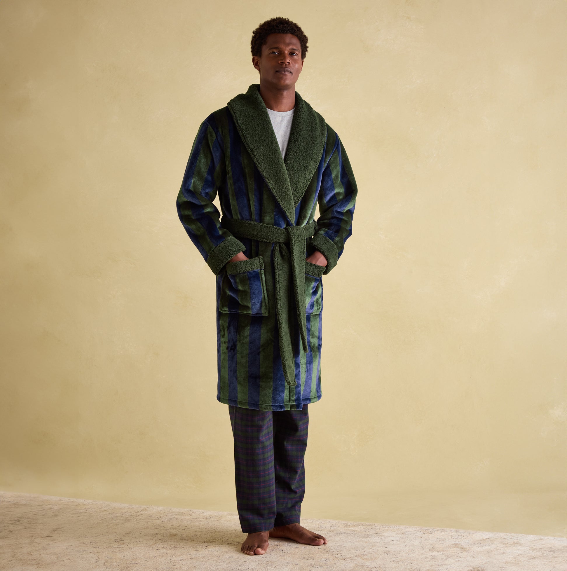 Joules MONTAGUE Mens Night Gown Navy Green Stripe front view showcasing comfort and warm lining.