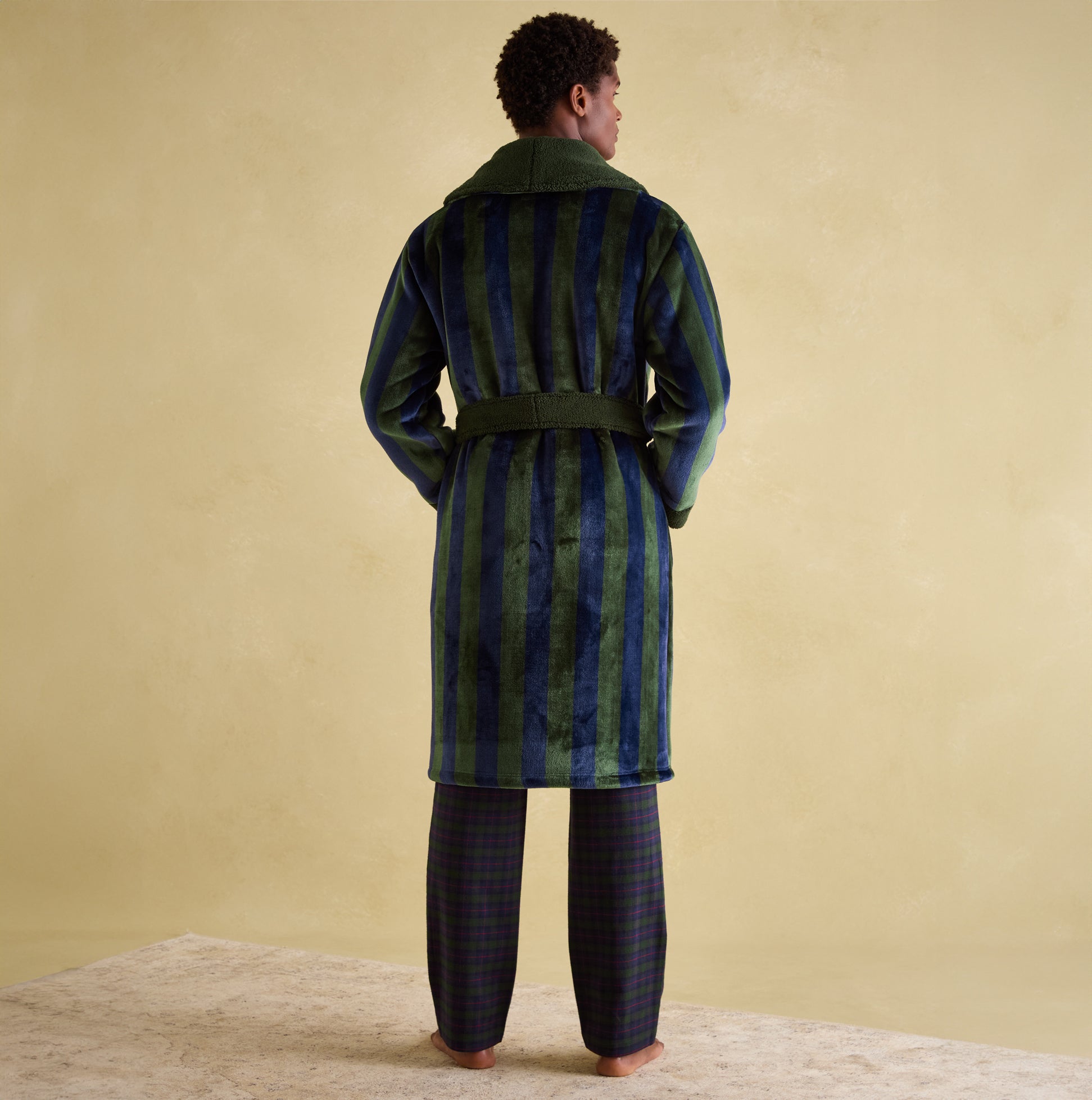 Joules MONTAGUE Mens Night Gown Navy Green Stripe back view displaying the striped design and soft material.