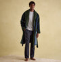 Joules MONTAGUE Mens Night Gown Navy Green Stripe front view, featuring long sleeves and warm lining.