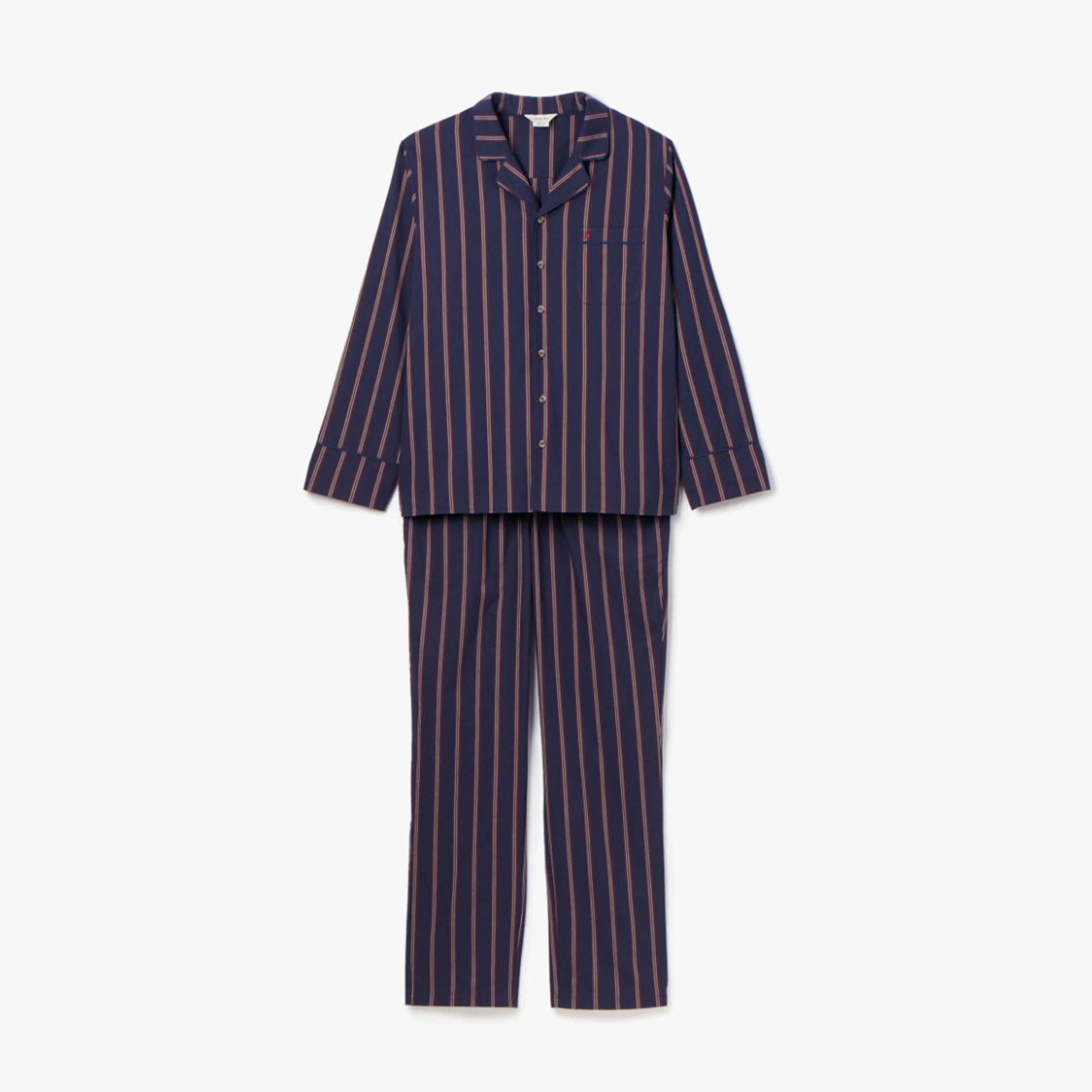 Joules HUGO Mens Pyjama Set Navy Stripe front view showing long-sleeve top with single chest pocket and matching striped pants.