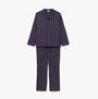 Joules HUGO Mens Pyjama Set Navy Stripe front view showing long-sleeve top with single chest pocket and matching striped pants.