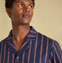 Joules HUGO Mens Pyjama Set Navy Stripe front view showcasing comfort cotton fabric with striped pattern and single chest pocket.