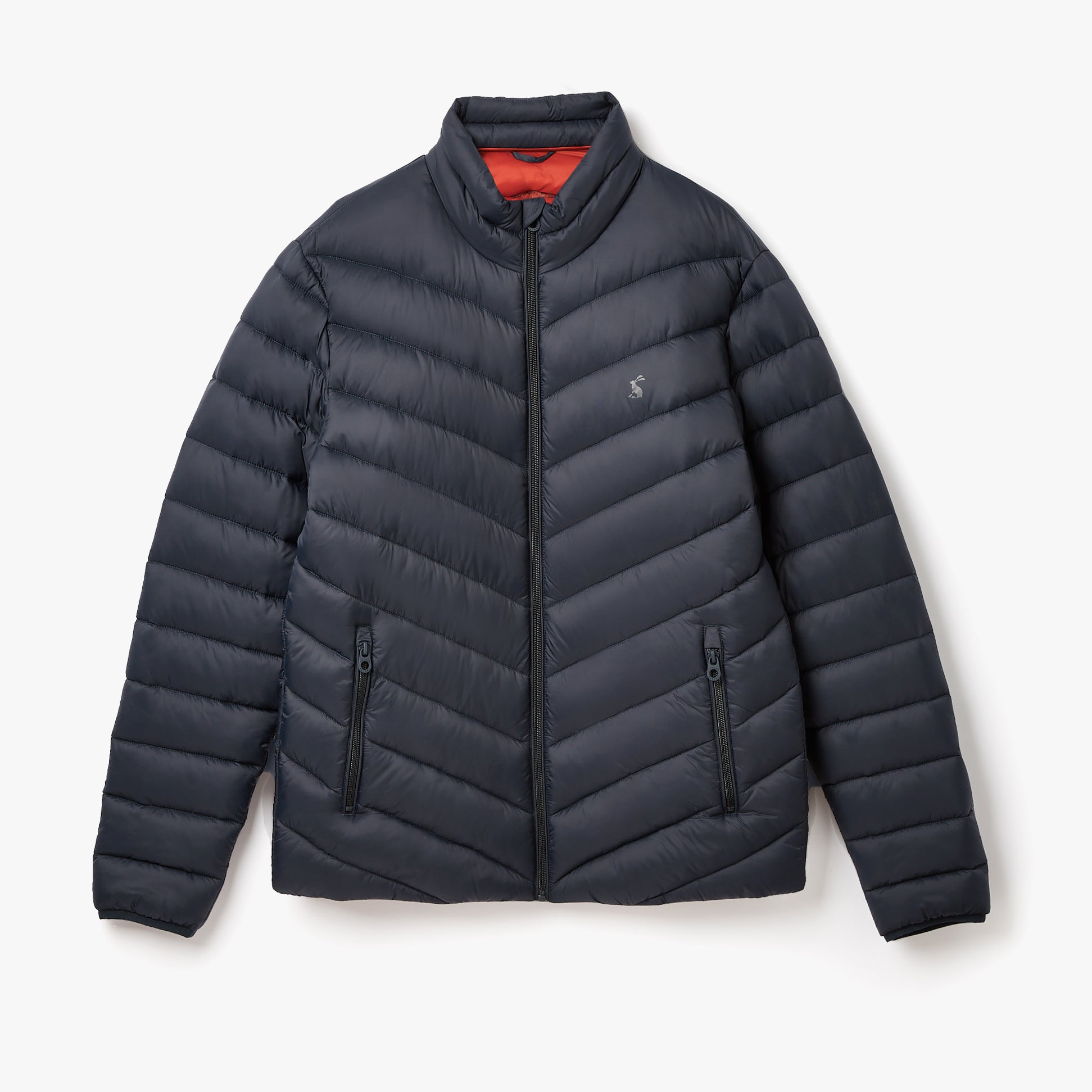 Joules GARRETT Mens Jacket Navy front view showing zip closure, padded design, and chevron quilting.