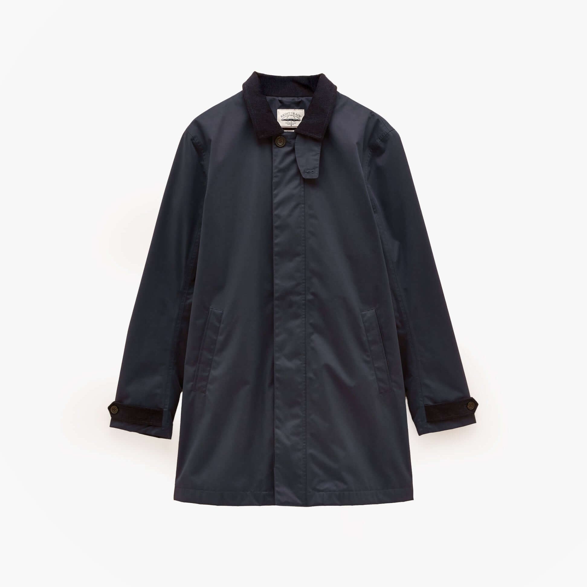 Joules SANDFORD Navy Blue Waterproof Raincoat Navy front view with long sleeves and button closure.