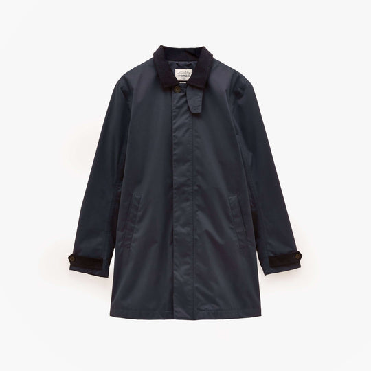 Joules SANDFORD Navy Blue Waterproof Raincoat Navy front view with long sleeves and button closure.