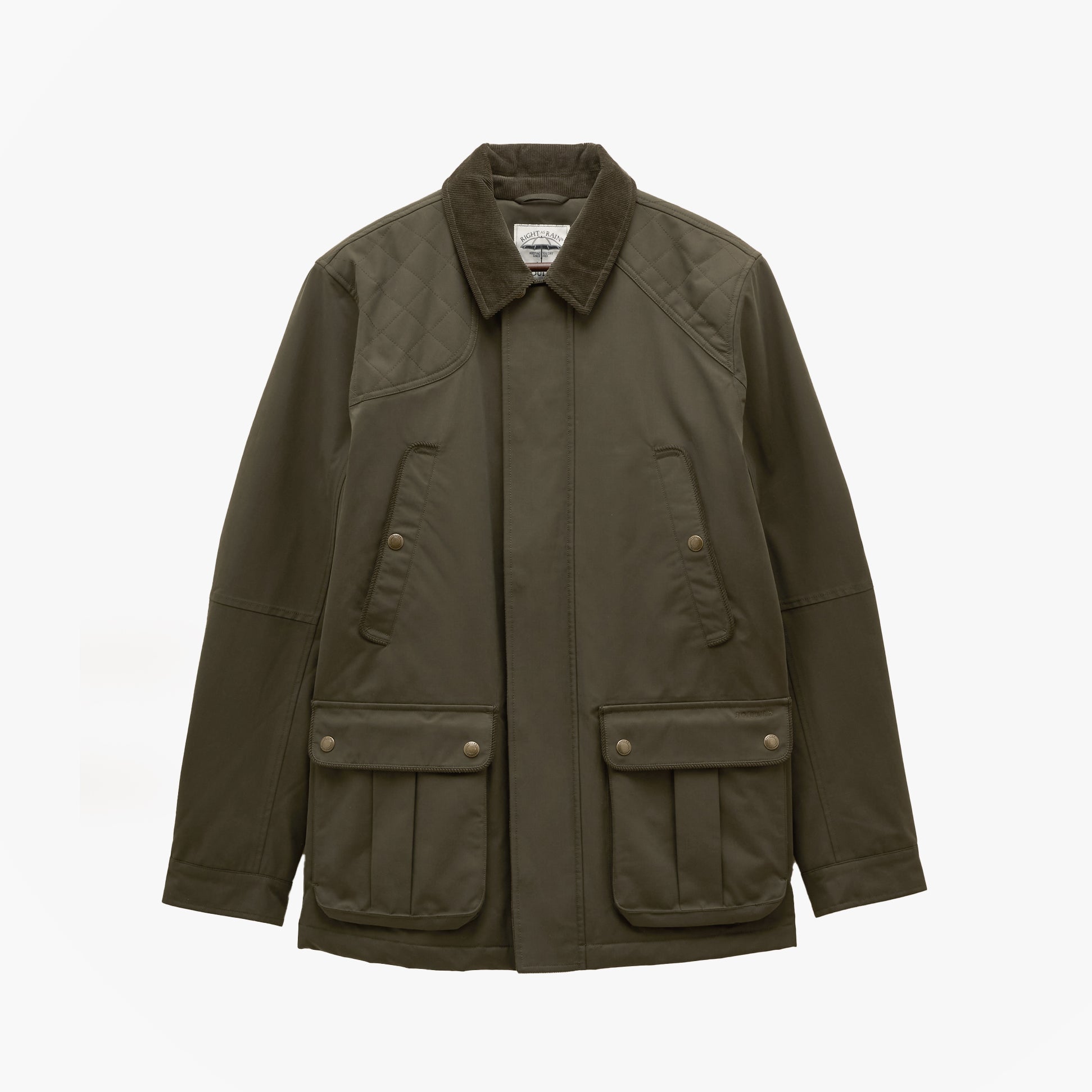 Joules FARLEIGH Mens Waterproof Midweight Country Coat Green front view with quilted detailing and button closure.