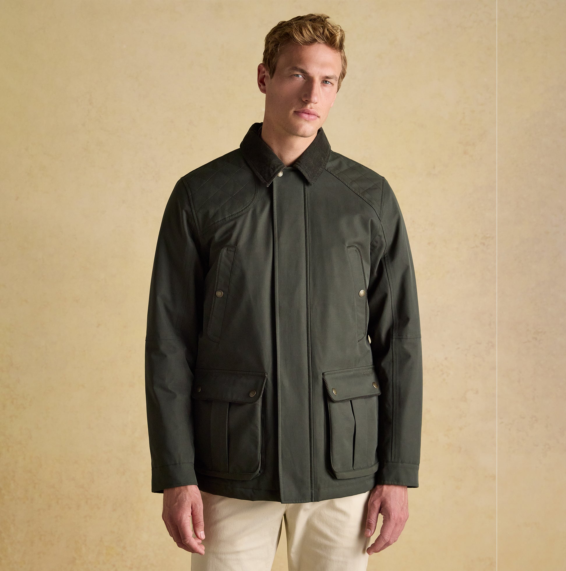 Joules FARLEIGH Mens Waterproof Midweight Country Coat Green front view featuring button and zip closure.
