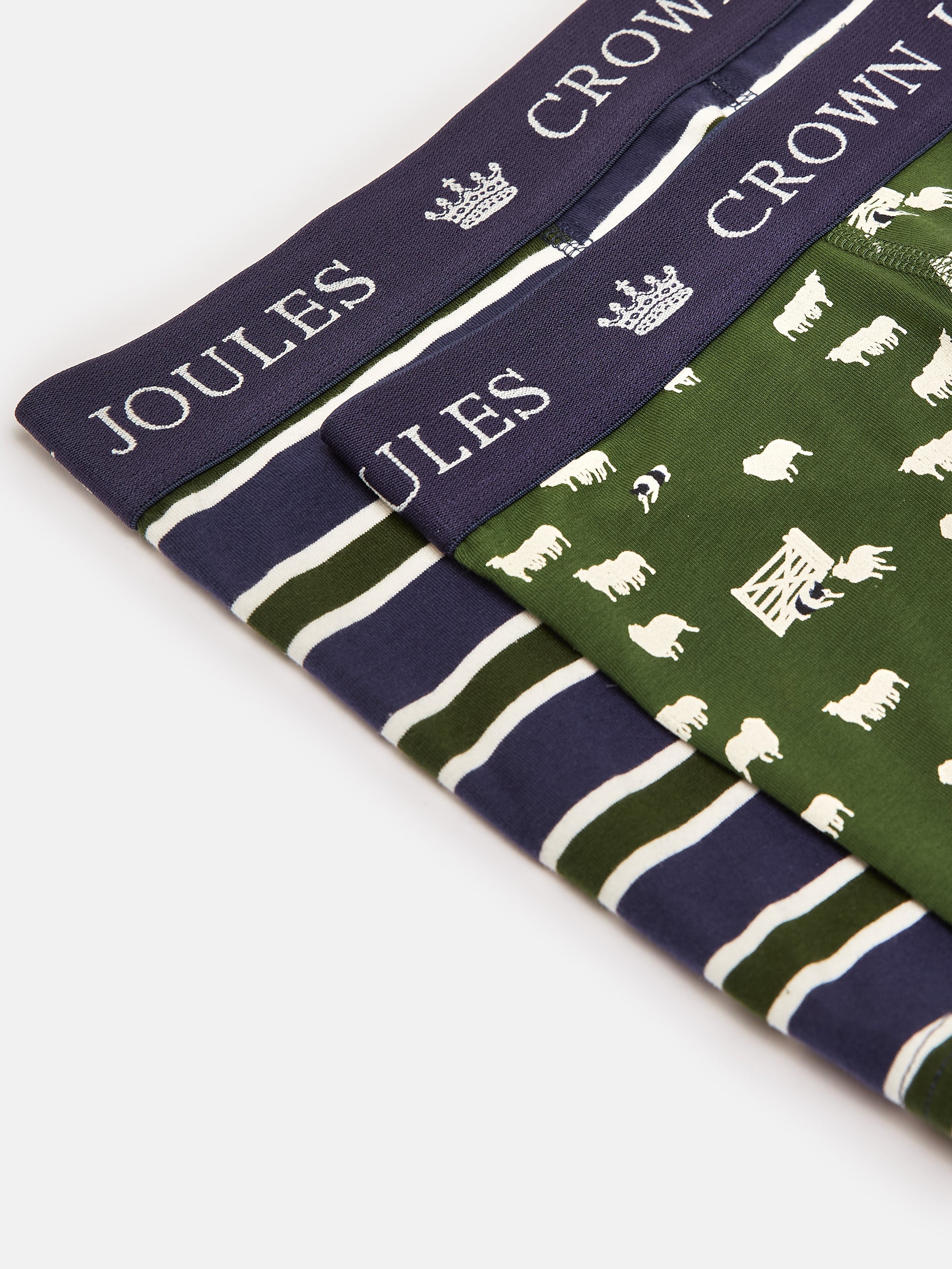 Joules CROWN JERSEY Mens 2-Pack Boxers Flocks Sake, top view of boxers featuring various colors and patterns.