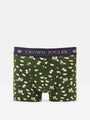 Joules CROWN JERSEY Mens 2-Pack Boxers Flocks Sake front view highlighting the green design and band.