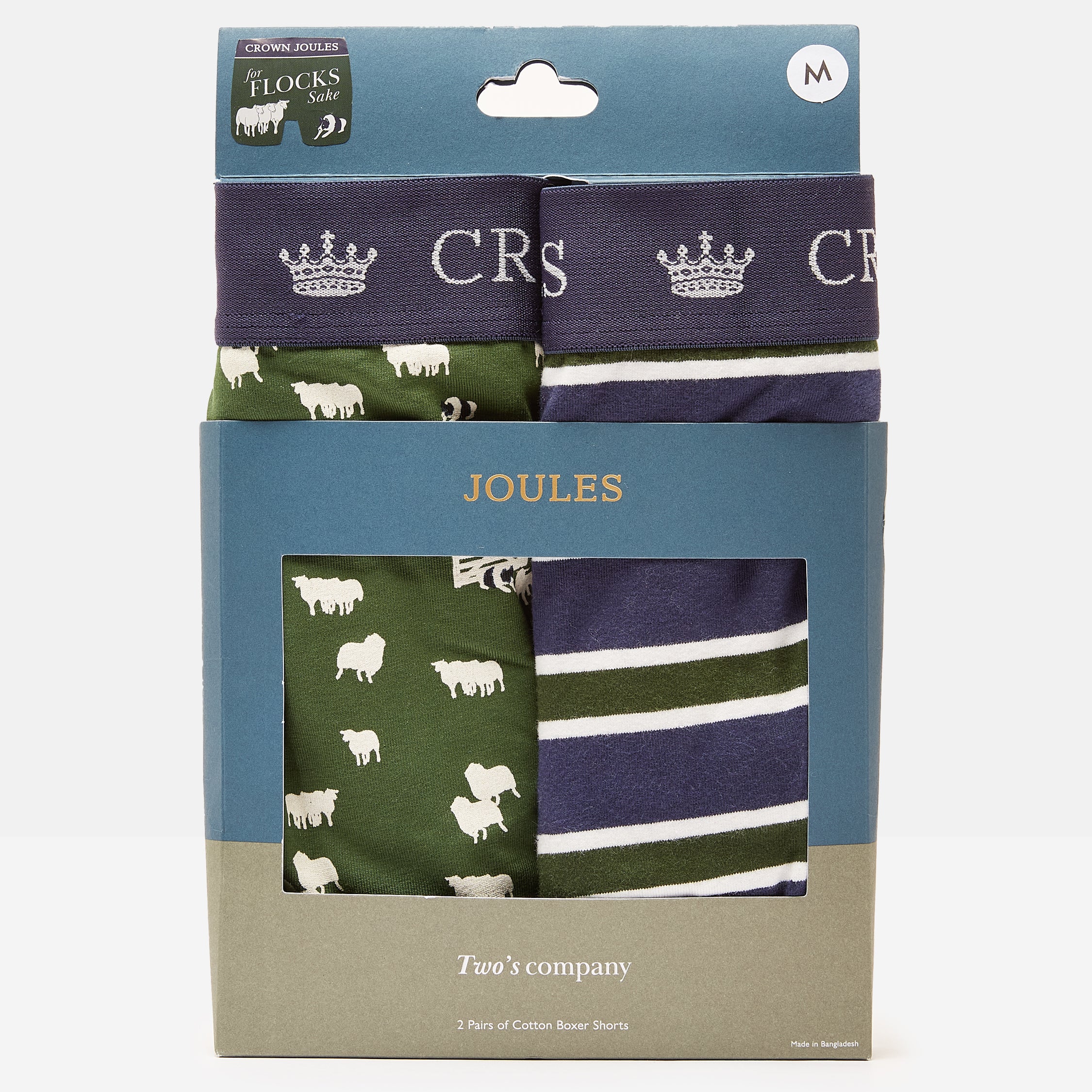 Joules CROWN JERSEY Mens 2-Pack Boxers Flocks Sake front view packaging with patterned boxers.