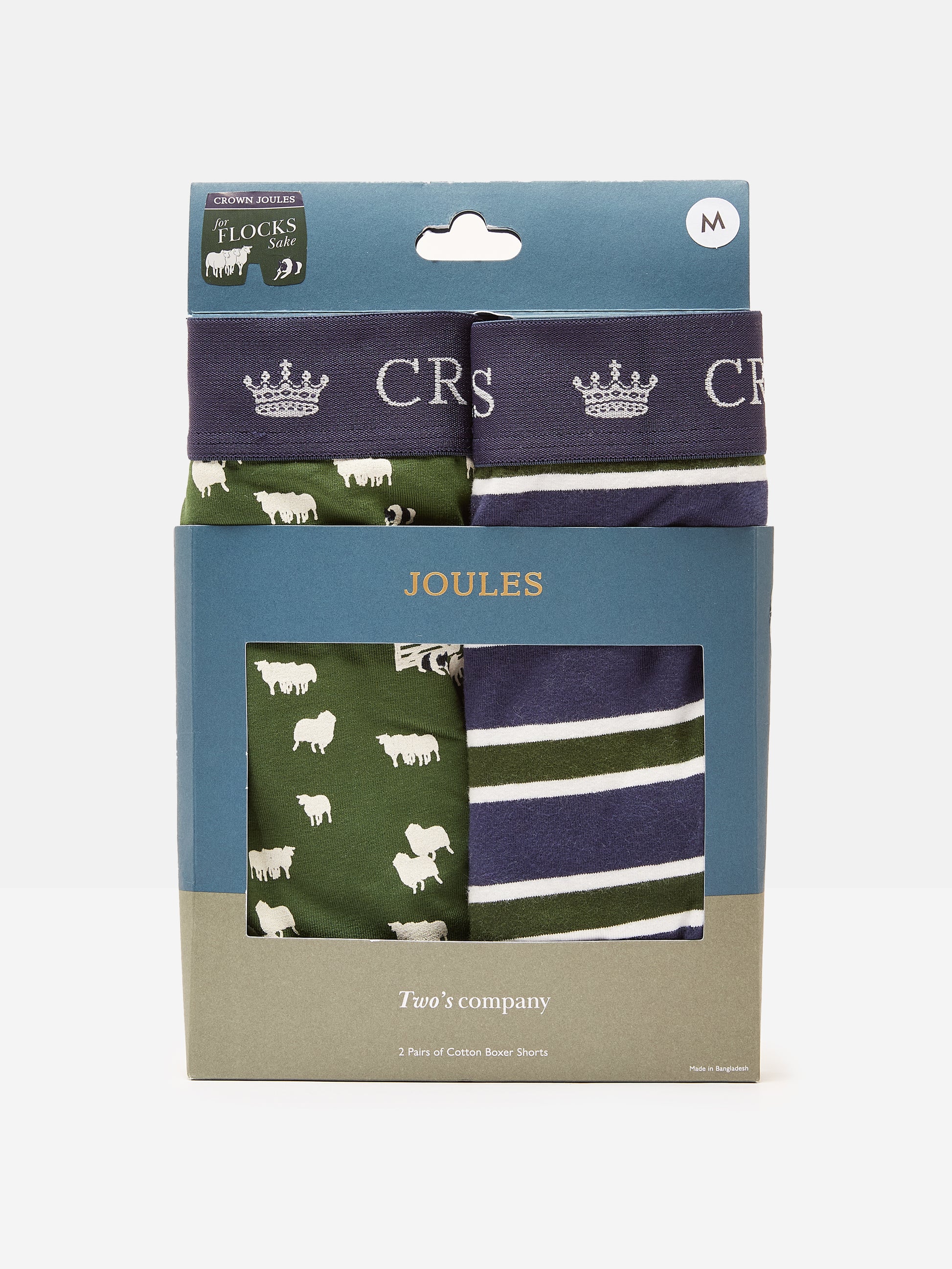 Joules CROWN JERSEY Mens 2-Pack Boxers Flocks Sake front view packaging with patterned boxers.