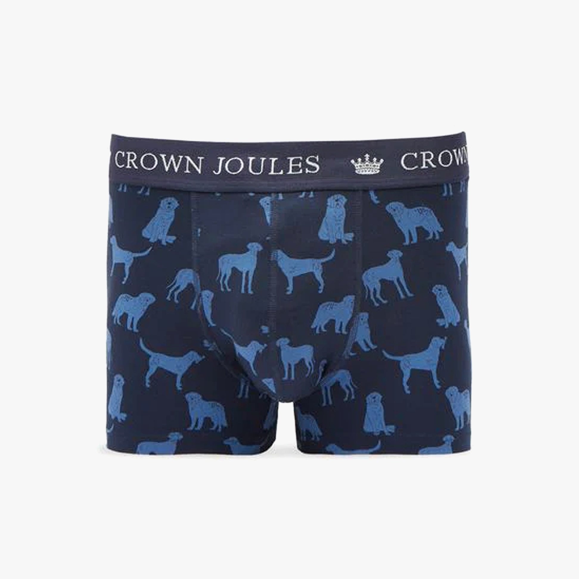 Joules CROWN JERSEY Mens Trunks Hare Of The Dog front view with dog print, elasticated waistband, navy blue color.