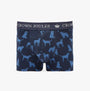 Joules CROWN JERSEY Mens Trunks Hare Of The Dog front view with dog print, elasticated waistband, navy blue color.