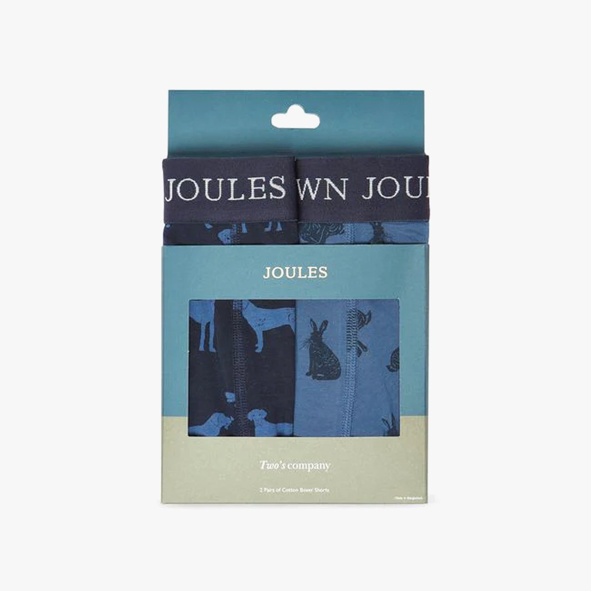 Joules CROWN JERSEY Mens Trunks Hare Of The Dog front view in gift packaging showcasing two trunks with animal prints.