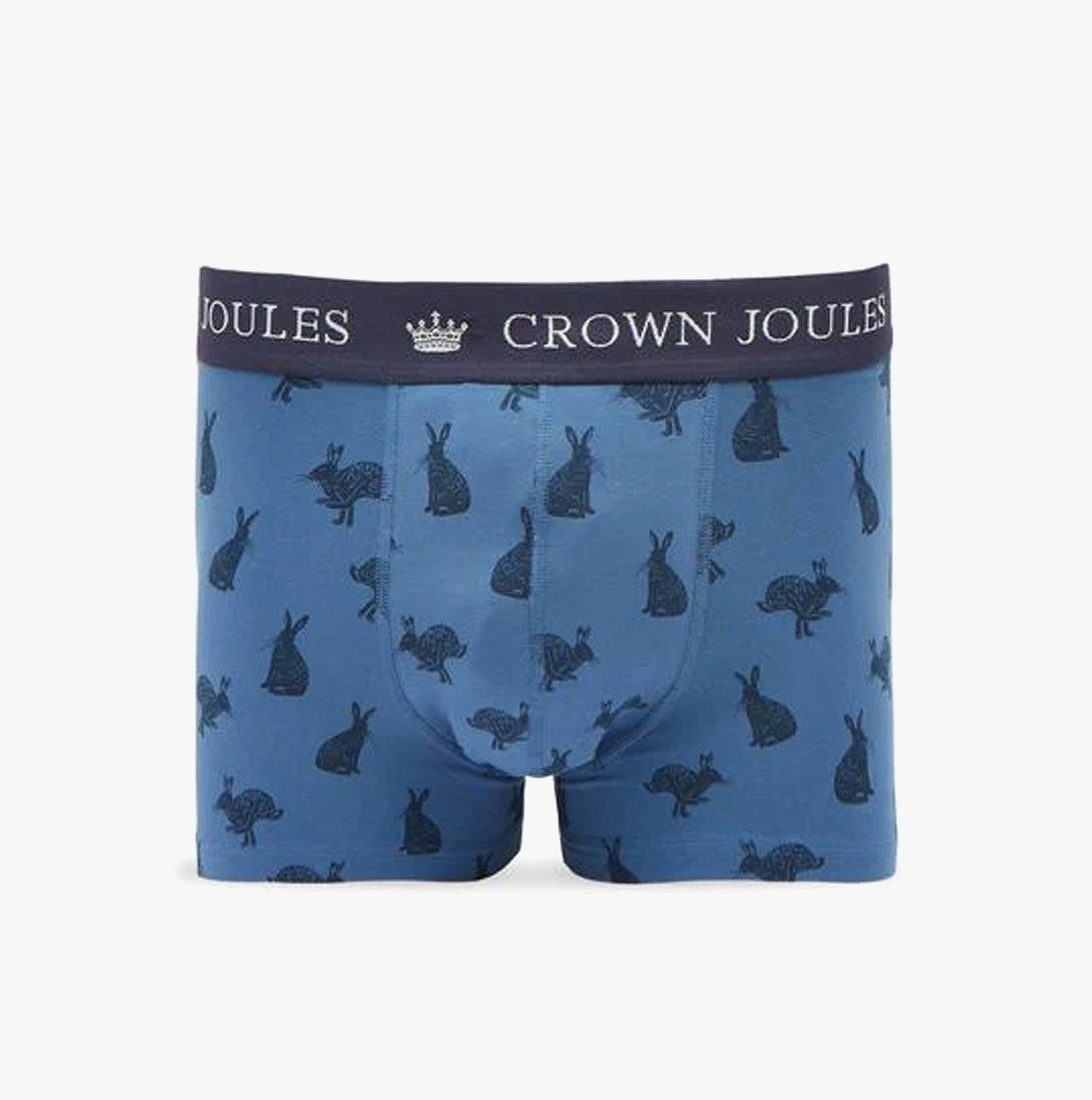 Joules CROWN JERSEY Mens Trunks Hare Of The Dog front view, blue with rabbit pattern, elasticated waistband.