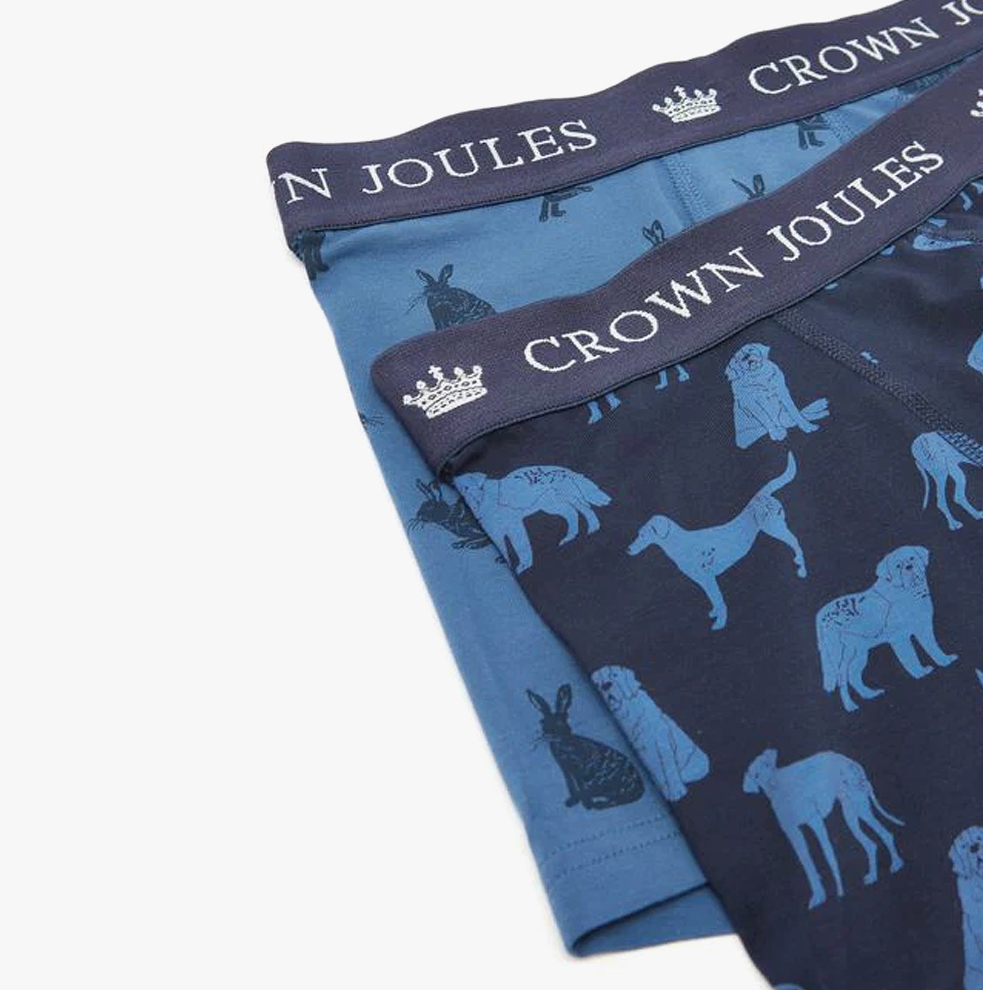 Joules CROWN JERSEY Mens Trunks Hare Of The Dog front view showing blue trunks with dog prints and elastic waistband.