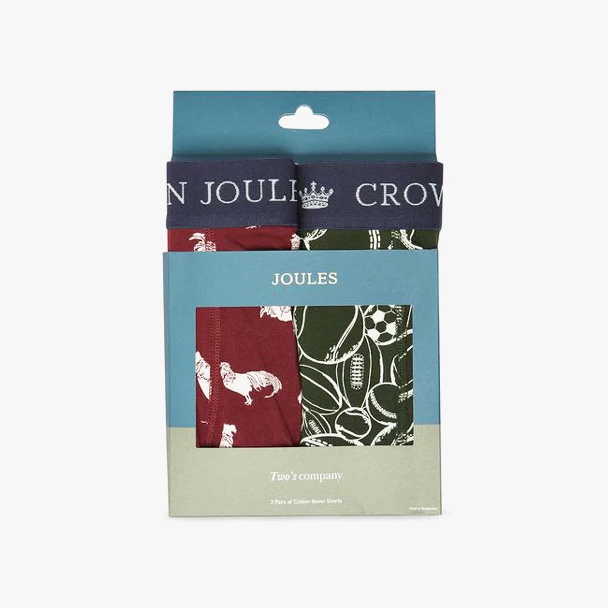 Joules CROWN JERSEY Mens Boxers Cock & Balls front view in gift packaging showcasing 2 pack with colorful designs.