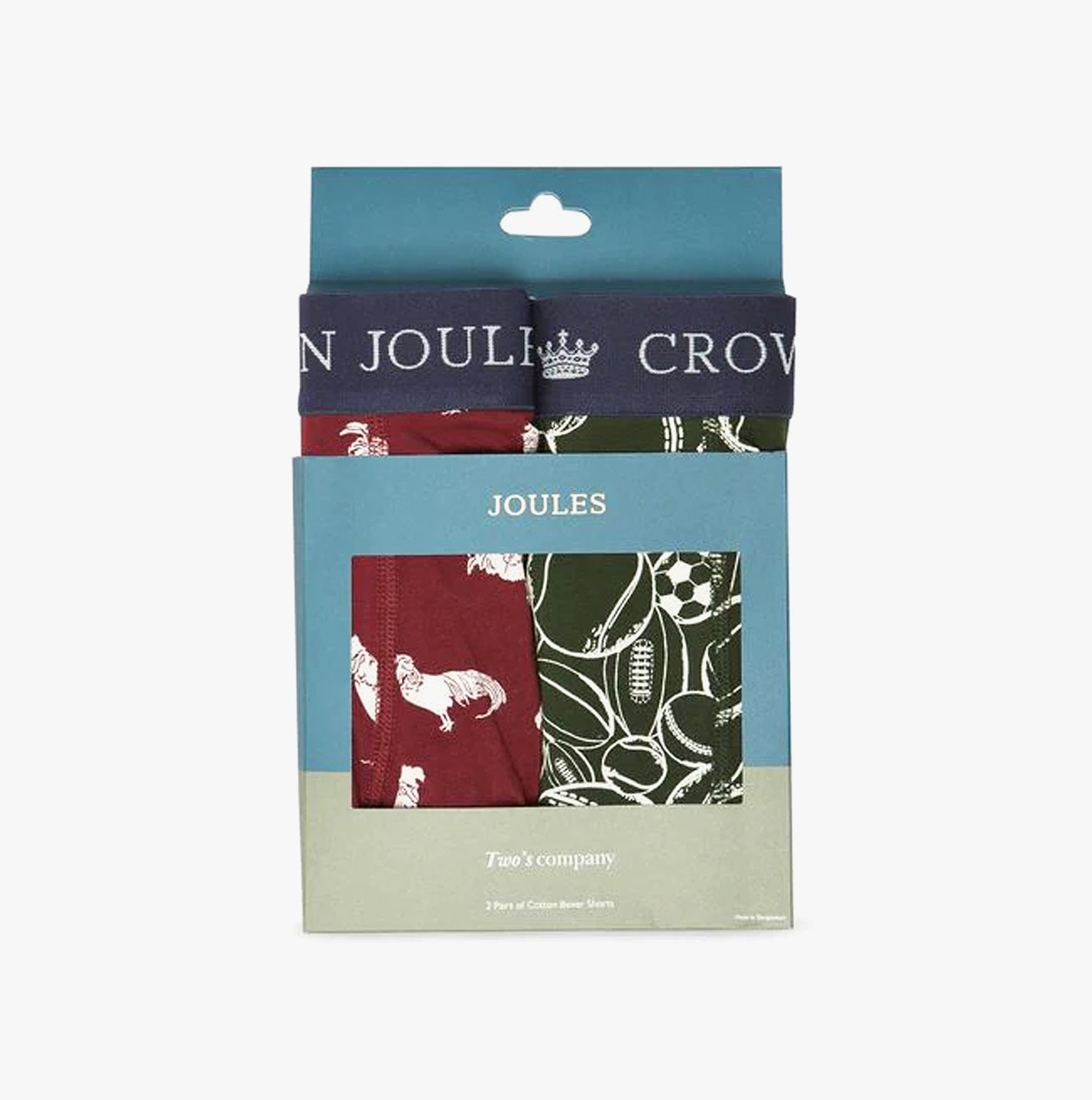 Joules CROWN JERSEY Mens Boxers Cock & Balls front view in gift packaging showcasing 2 pack with colorful designs.