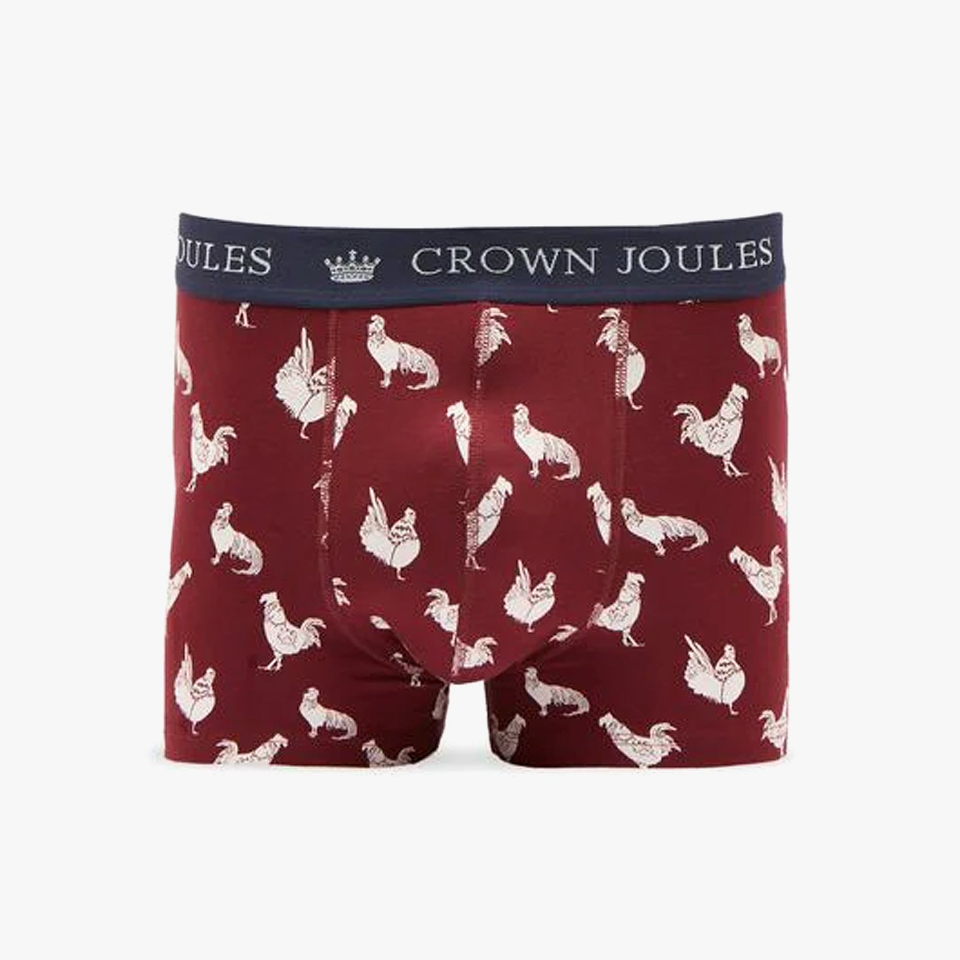 Joules CROWN JERSEY Mens Boxers Cock & Balls front view in maroon with chicken prints.