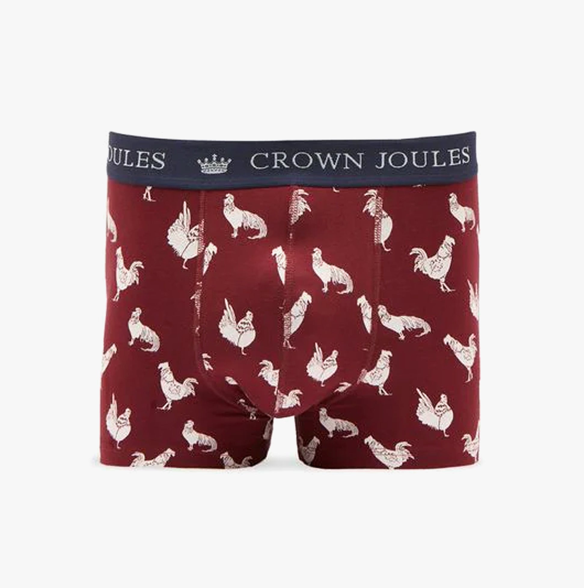 Joules CROWN JERSEY Mens Boxers Cock & Balls front view in maroon with chicken prints.