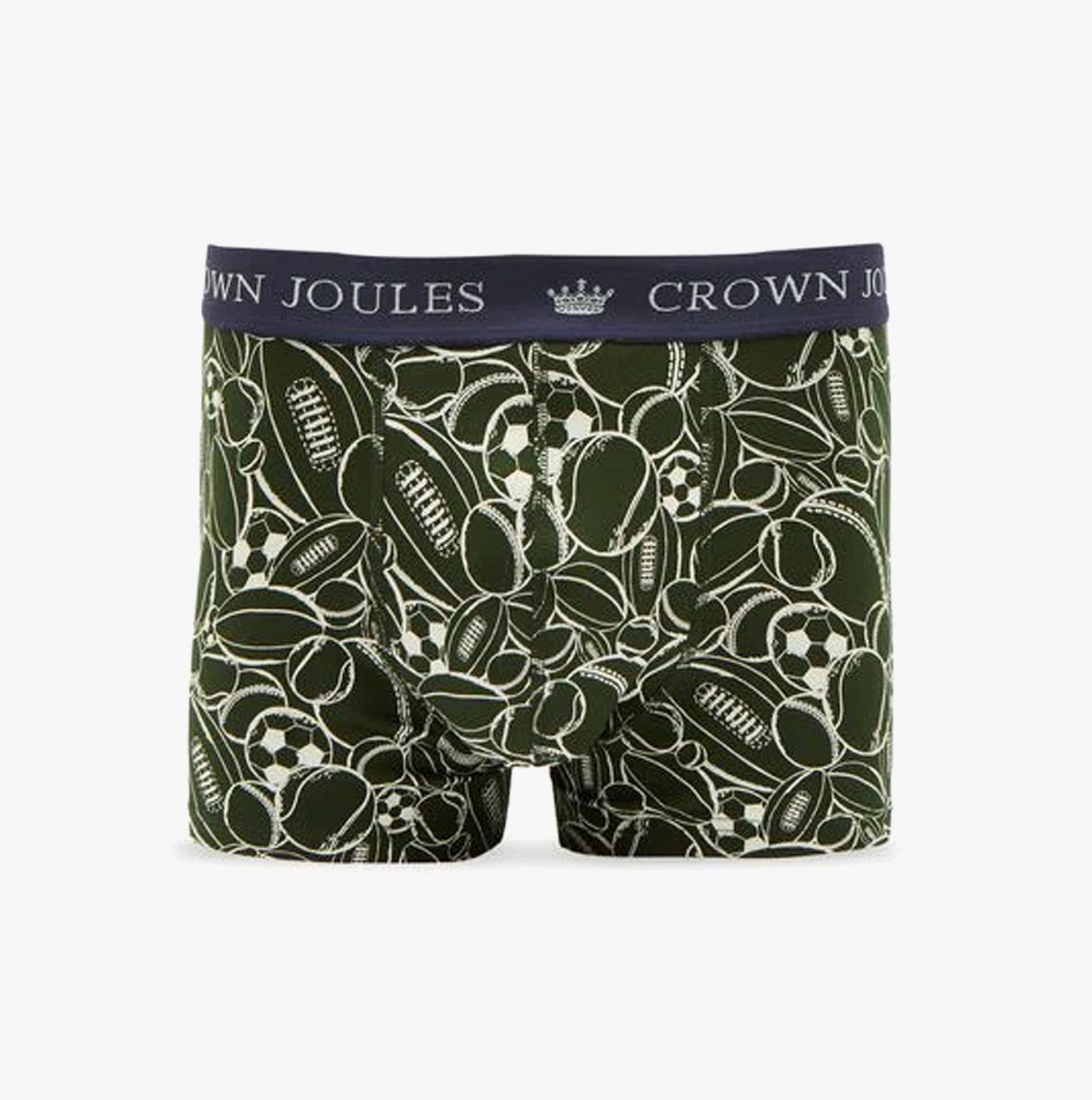 Joules CROWN JERSEY Mens Boxers Cock & Balls front view showcasing green pattern and elasticated waistband.