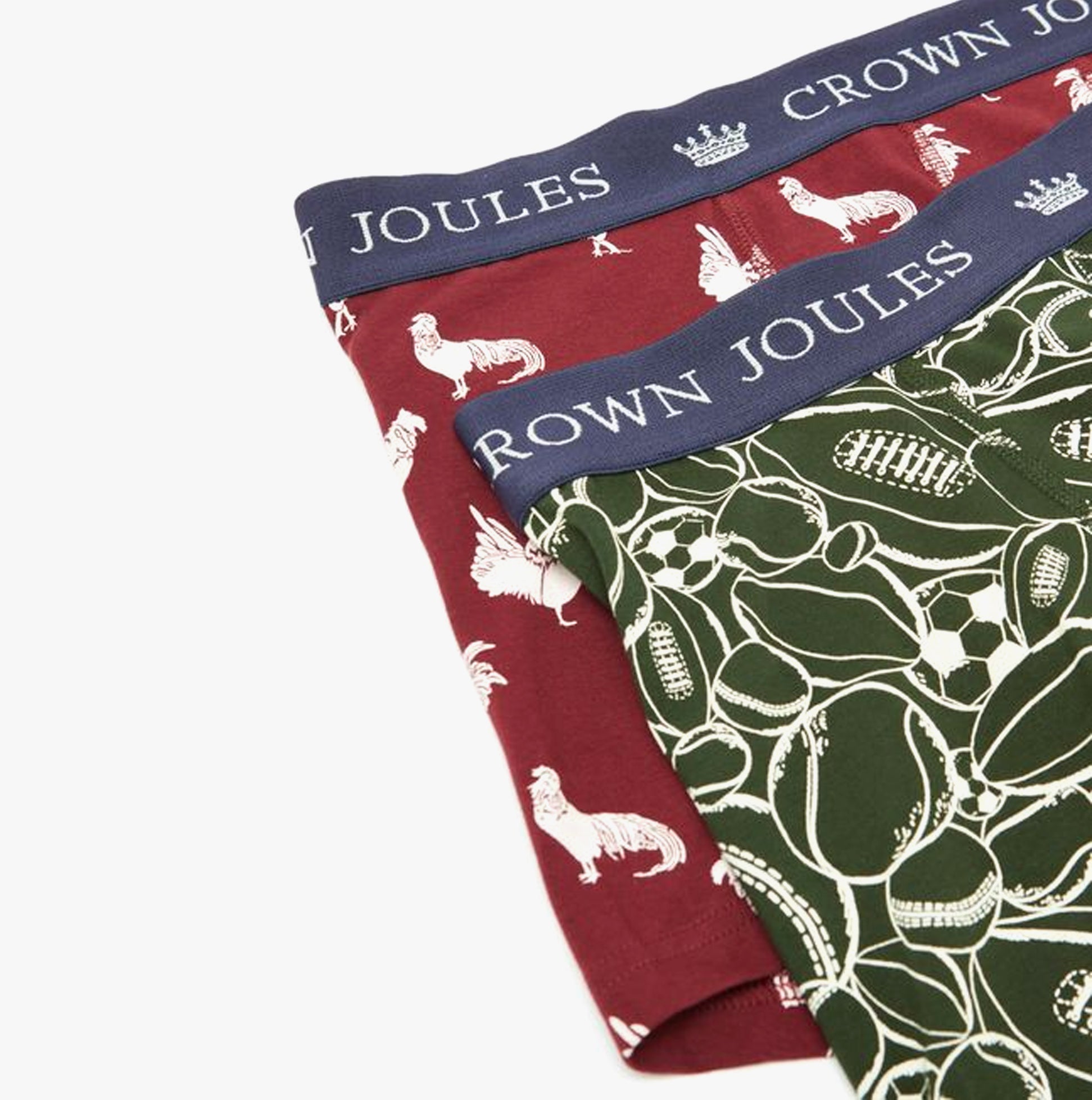 Joules CROWN JERSEY Mens Boxers Cock & Balls, front view of assorted boxers with elasticated waistband, pack of two.
