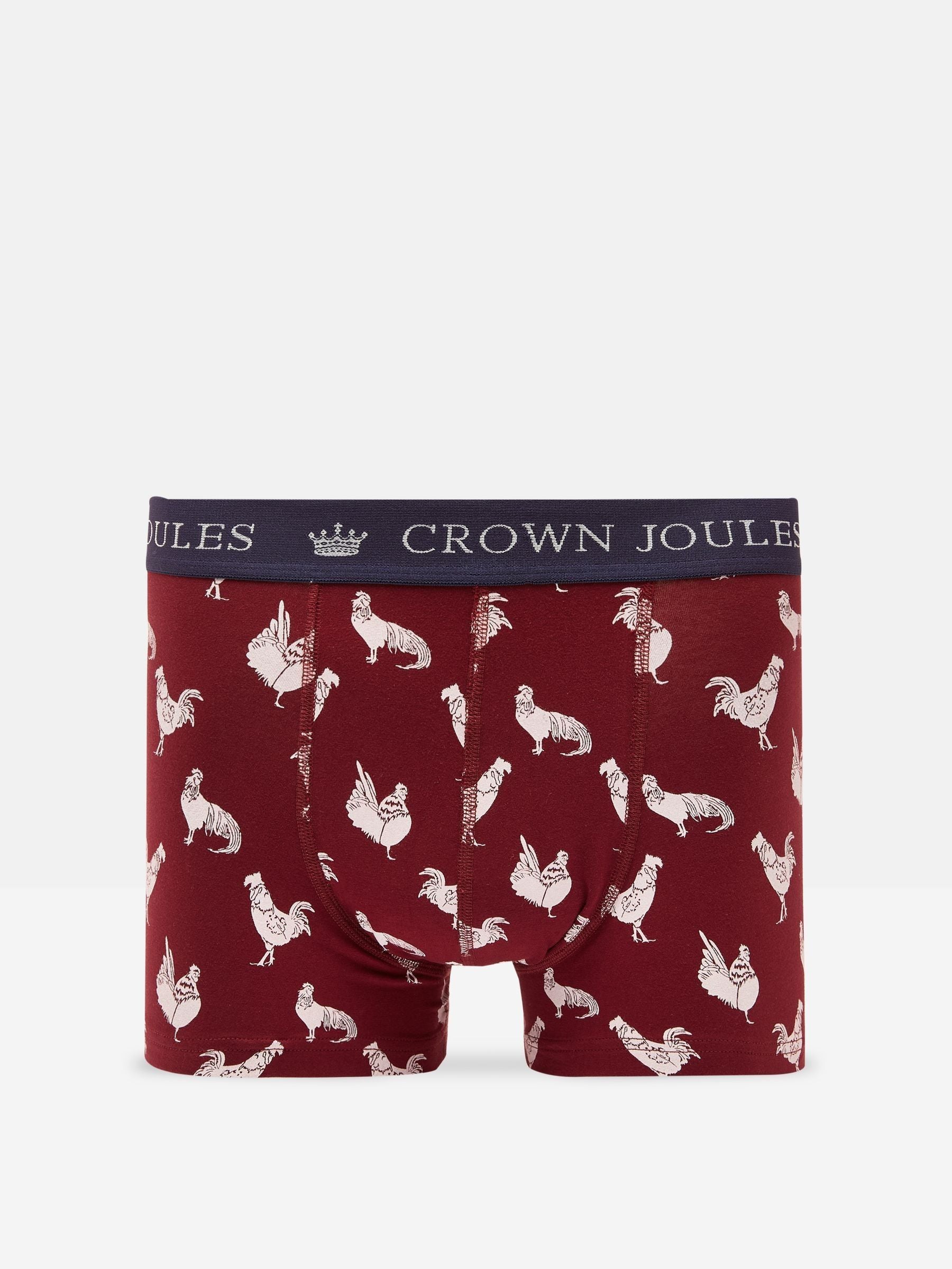 Joules CROWN JERSEY Mens 2-Pack Boxers Game Birds back view featuring maroon fabric with bird pattern.