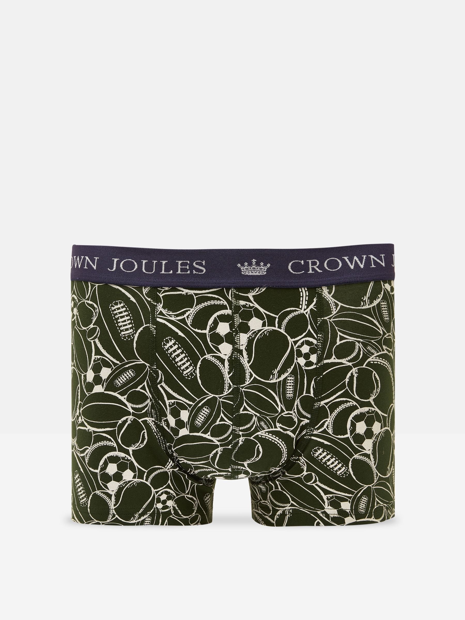 Joules CROWN JERSEY Mens 2-Pack Boxers Game Birds back view featuring playful game bird prints on a green background.
