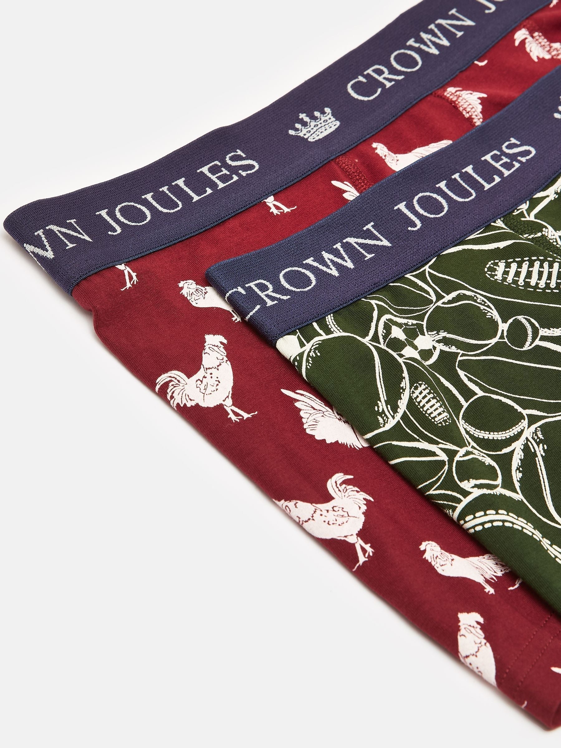 Joules CROWN JERSEY Mens 2-Pack Boxers Game Birds top view showing patterns and waistband colors.