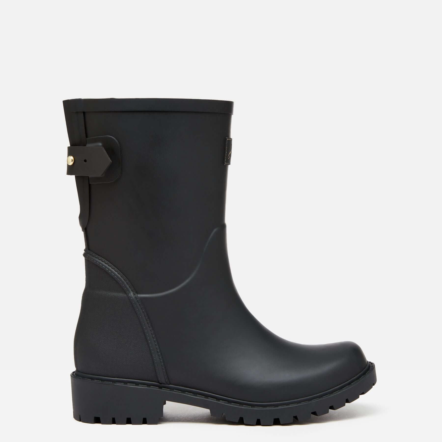 Joules WISTOW Womens Wellies Black side view showing rubber upper, adjustable strap, and low heel.