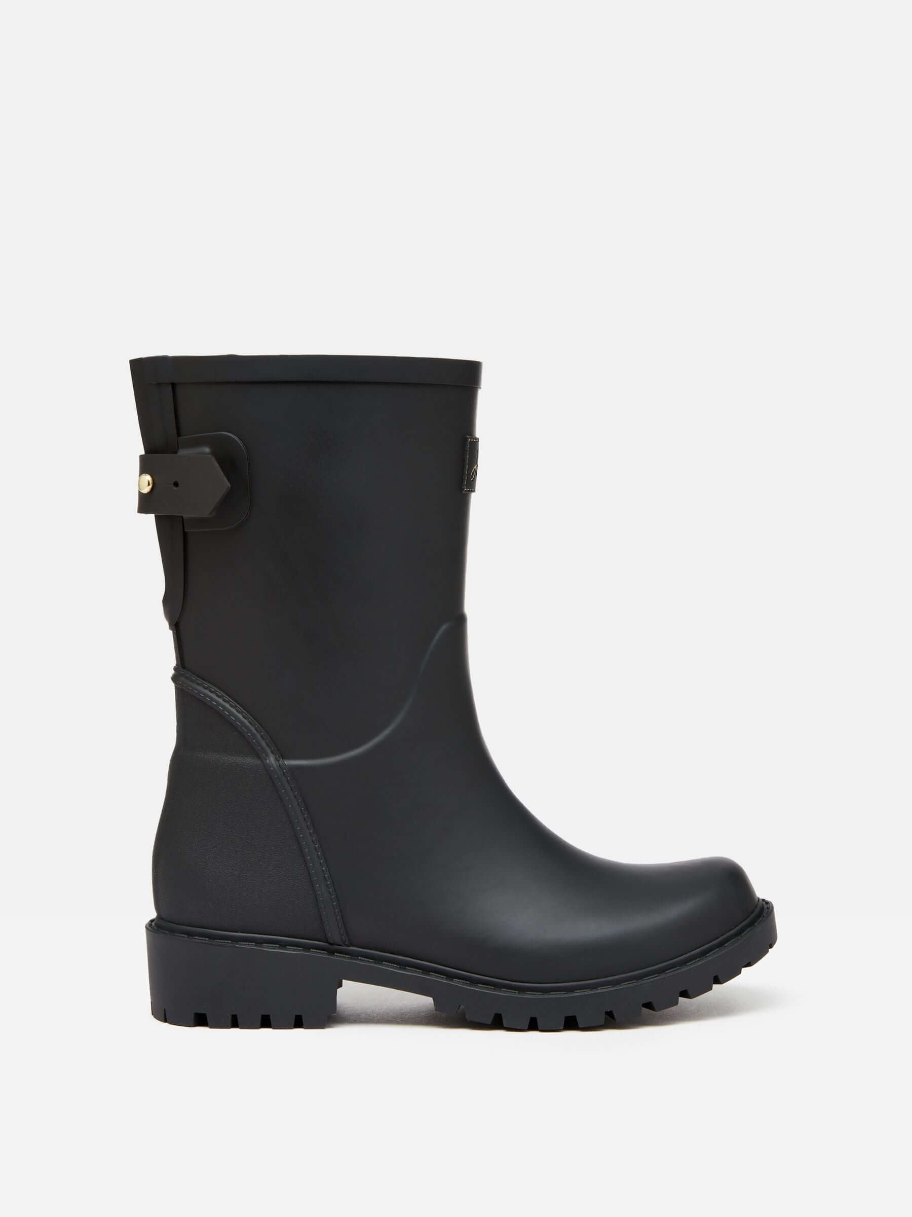 Joules WISTOW Womens Wellies Black side view showing rubber upper, adjustable strap, and low heel.